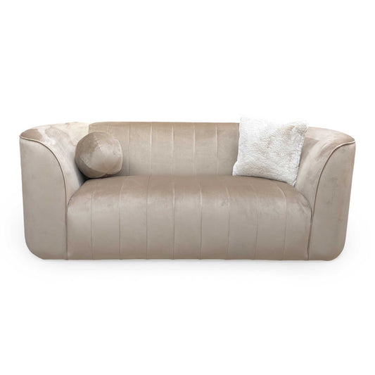 Frontal view of the Sofology 'Fitzrovia' 2 seater sofa in matt velvet latte mix, highlighting its modern, trim-less design.
