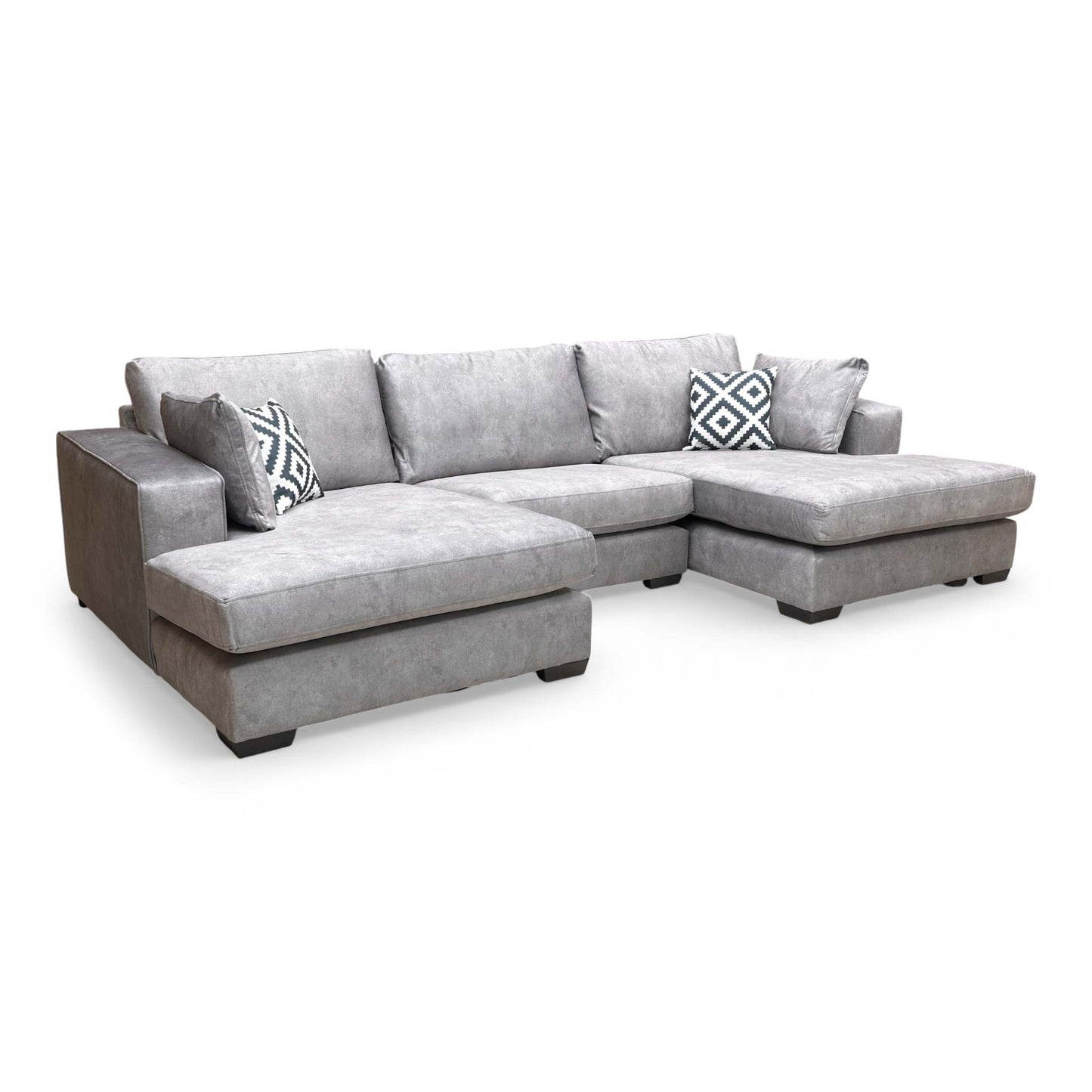 Full view of the Thornbrook 'Larry' double-ended chaise sofa in elegant infinity silver velvet.