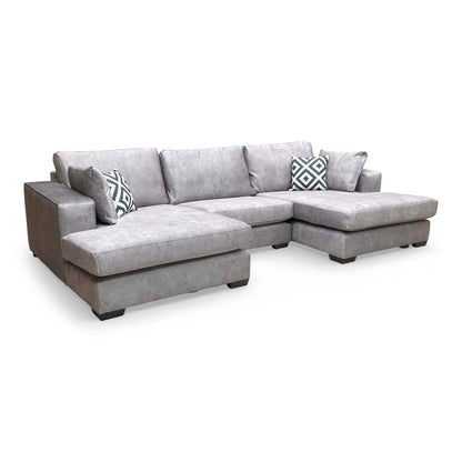 Full view of the Thornbrook 'Larry' double-ended chaise sofa in elegant infinity silver velvet.