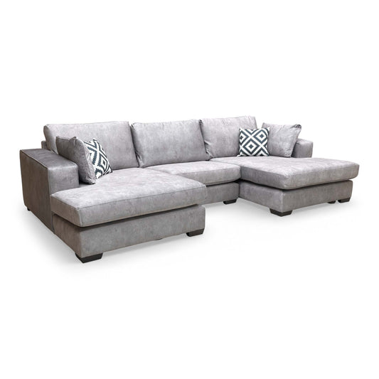 Full view of the Thornbrook 'Larry' double-ended chaise sofa in elegant infinity silver velvet.