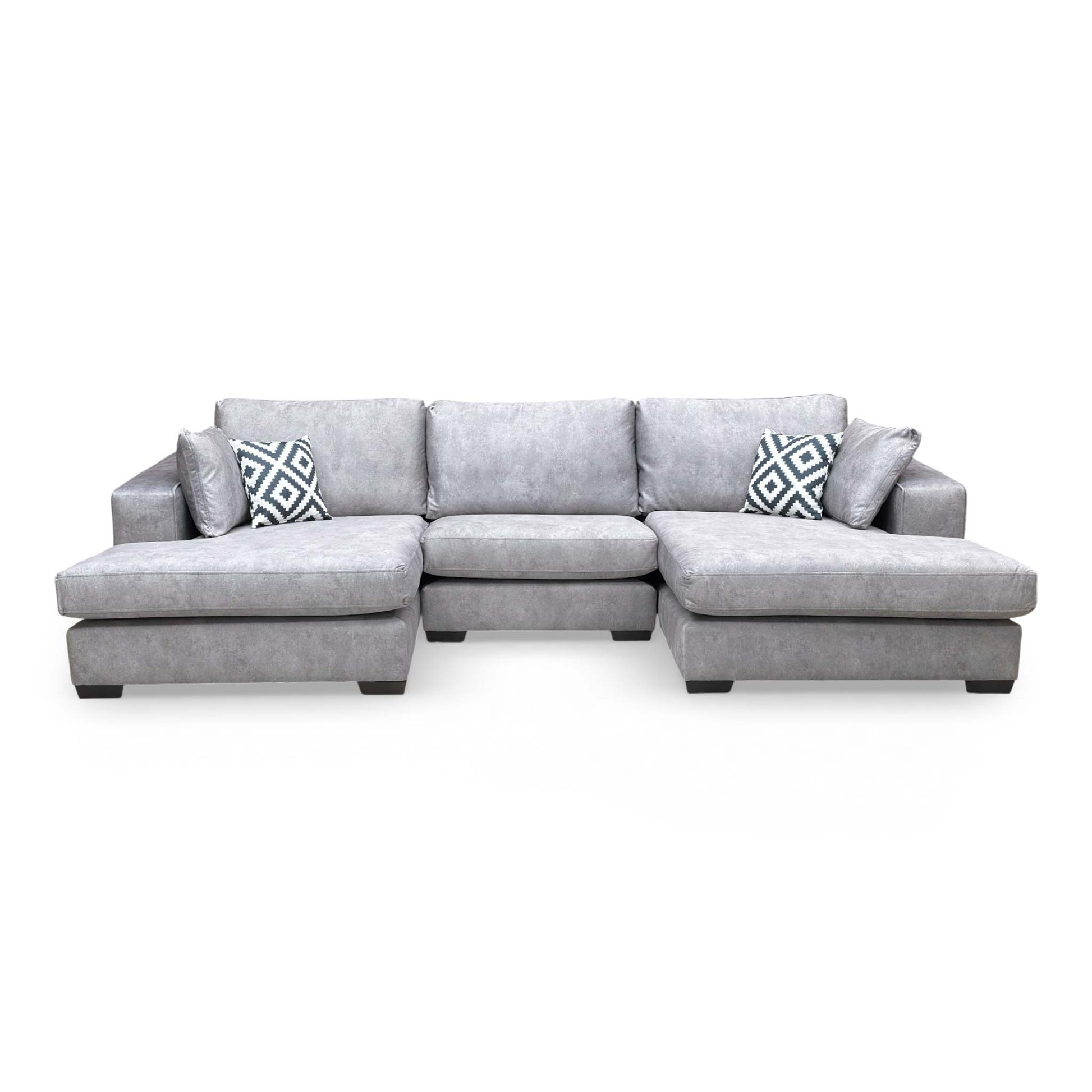 Full front view of the Thornbrook 'Larry' double-ended chaise sofa in elegant infinity silver velvet.