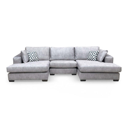 Full front view of the Thornbrook 'Larry' double-ended chaise sofa in elegant infinity silver velvet.