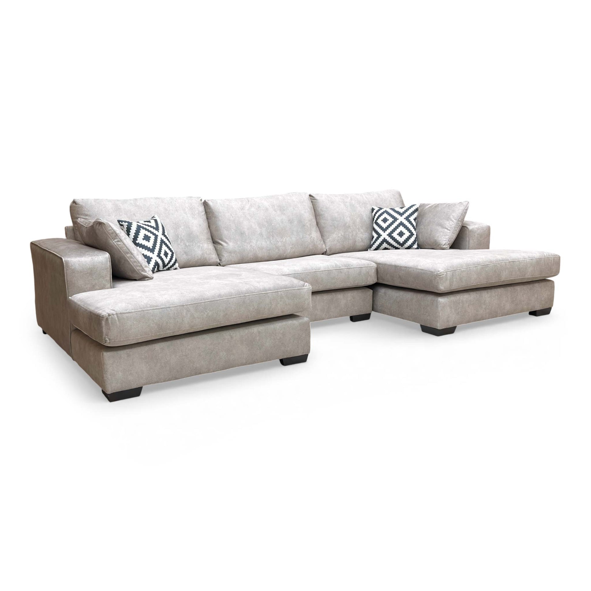 Full view of the 'Larry' double-ended chaise sofa in infinity pearl grey velvet, showcasing its symmetrical design.