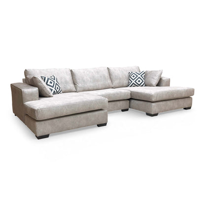 Full view of the 'Larry' double-ended chaise sofa in infinity pearl grey velvet, showcasing its symmetrical design.