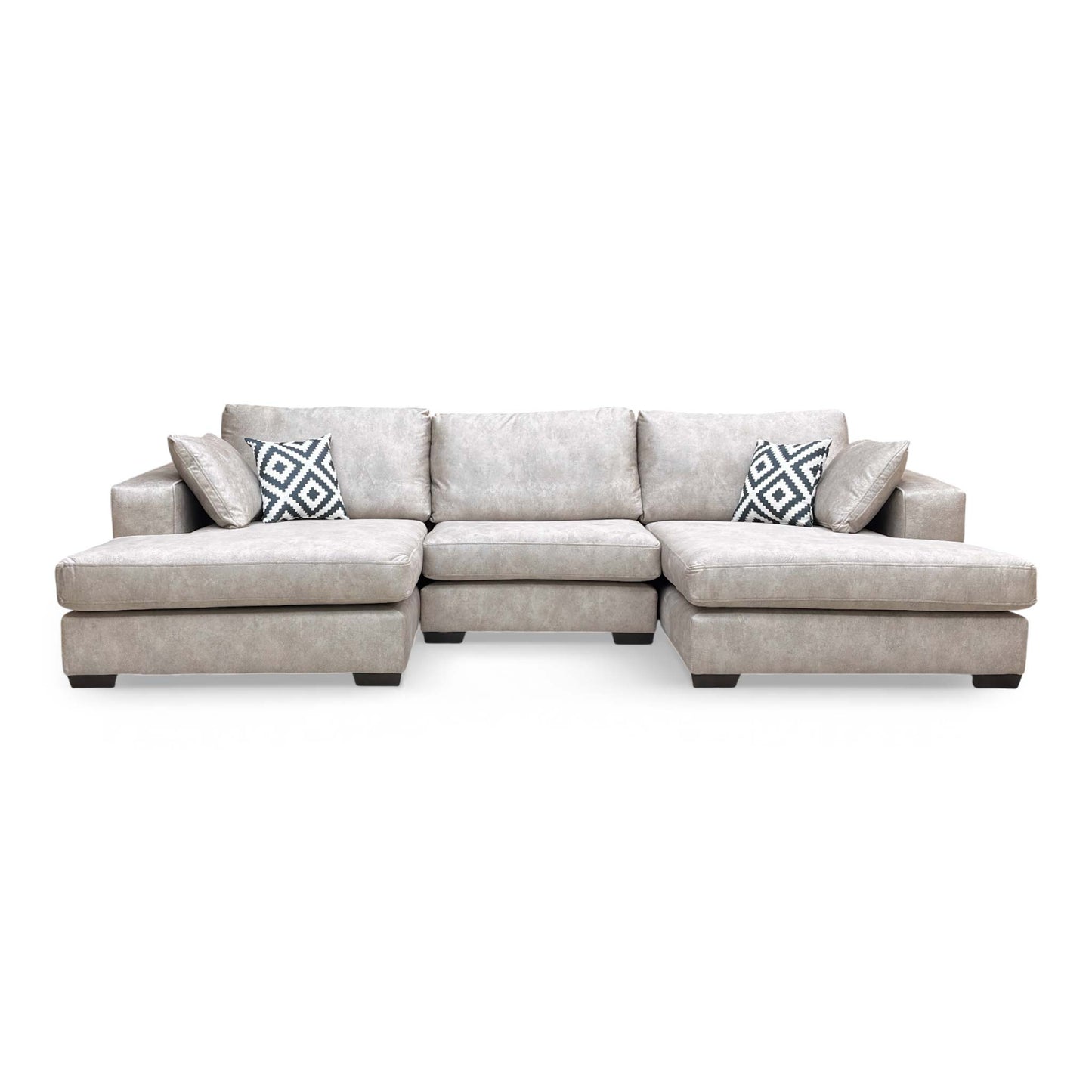 Full frontal view of the 'Larry' double-ended chaise sofa in infinity pearl grey velvet, showcasing its symmetrical design.