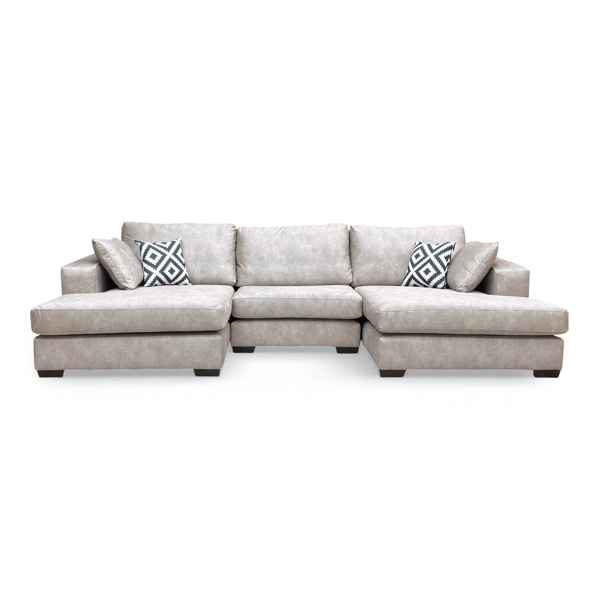 Full frontal view of the 'Larry' double-ended chaise sofa in infinity pearl grey velvet, showcasing its symmetrical design.
