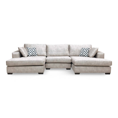 Full frontal view of the 'Larry' double-ended chaise sofa in infinity pearl grey velvet, showcasing its symmetrical design.