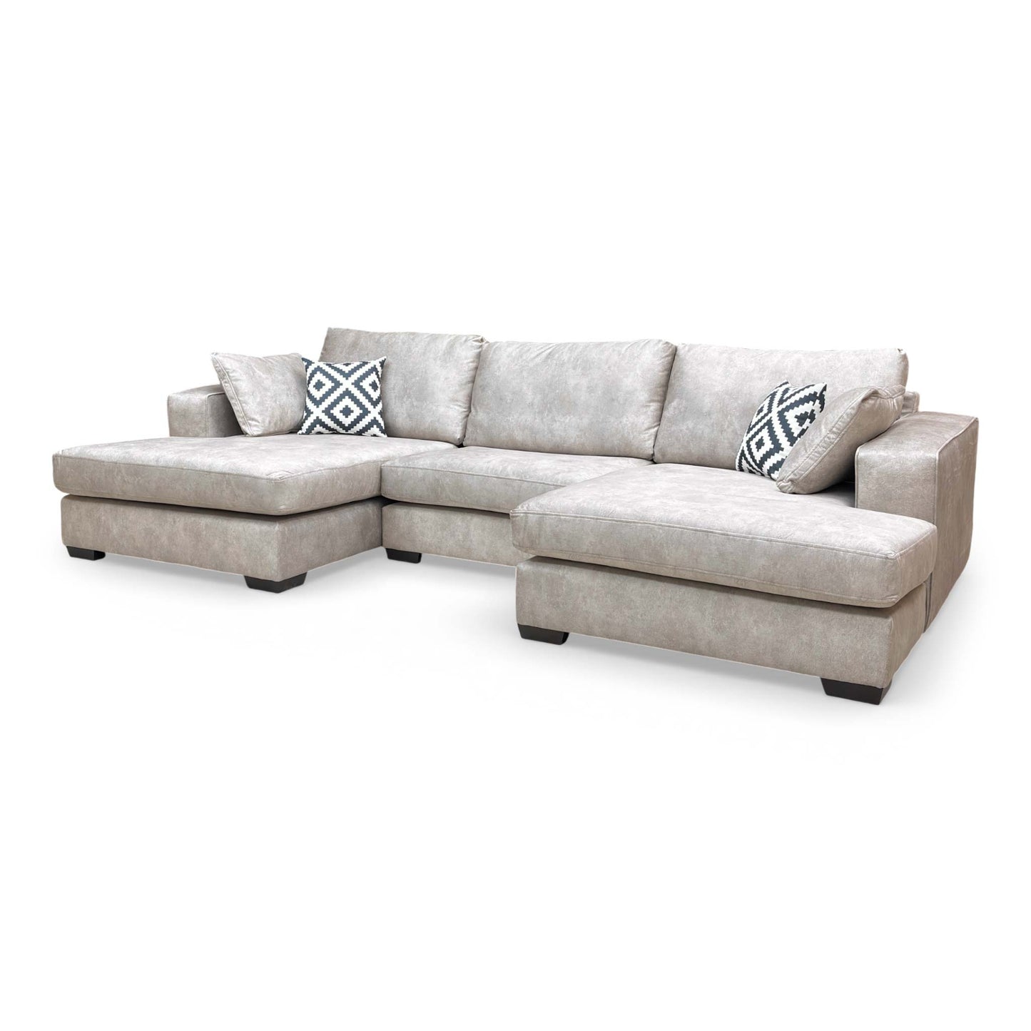 Angled view of the entire sofa set, emphasizing the spacious seating area and solid wood feet.