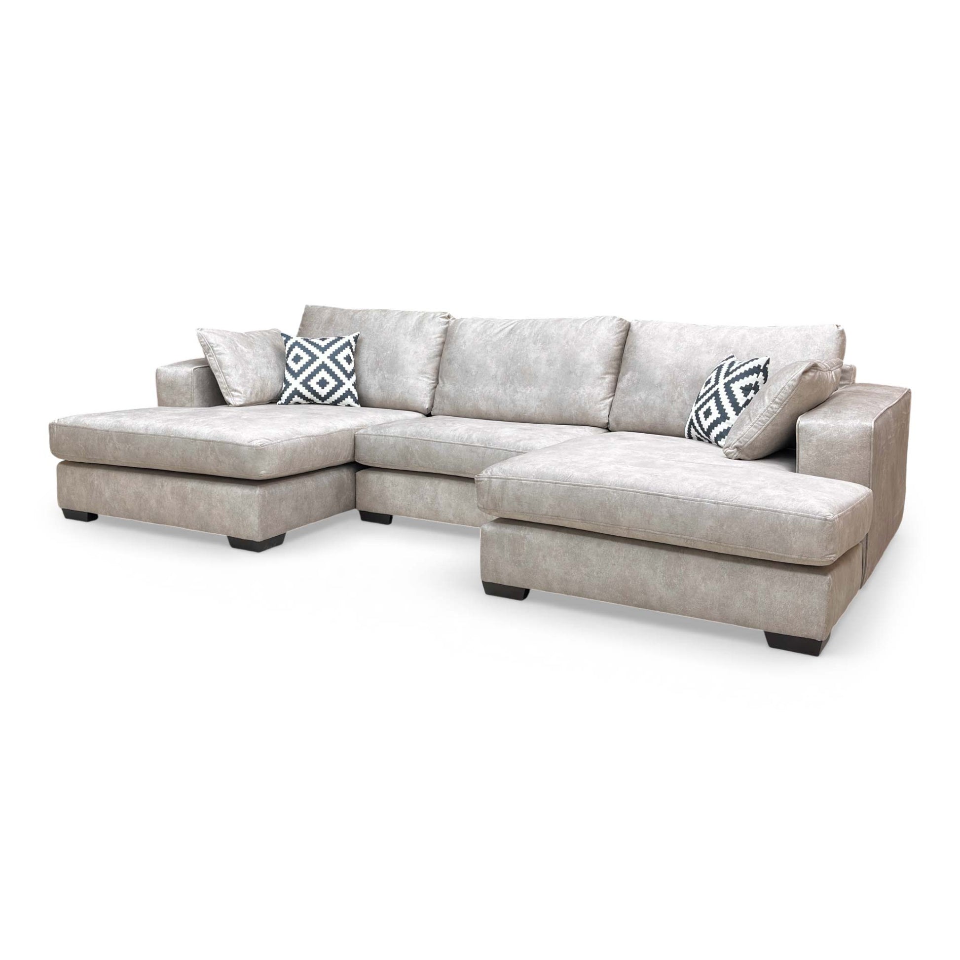 Angled view of the entire sofa set, emphasizing the spacious seating area and solid wood feet.
