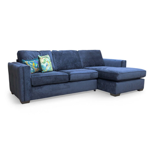 frontal view of the 'Chelsea' large right-hand facing corner chaise sofa in navy blue Kingston fabric.