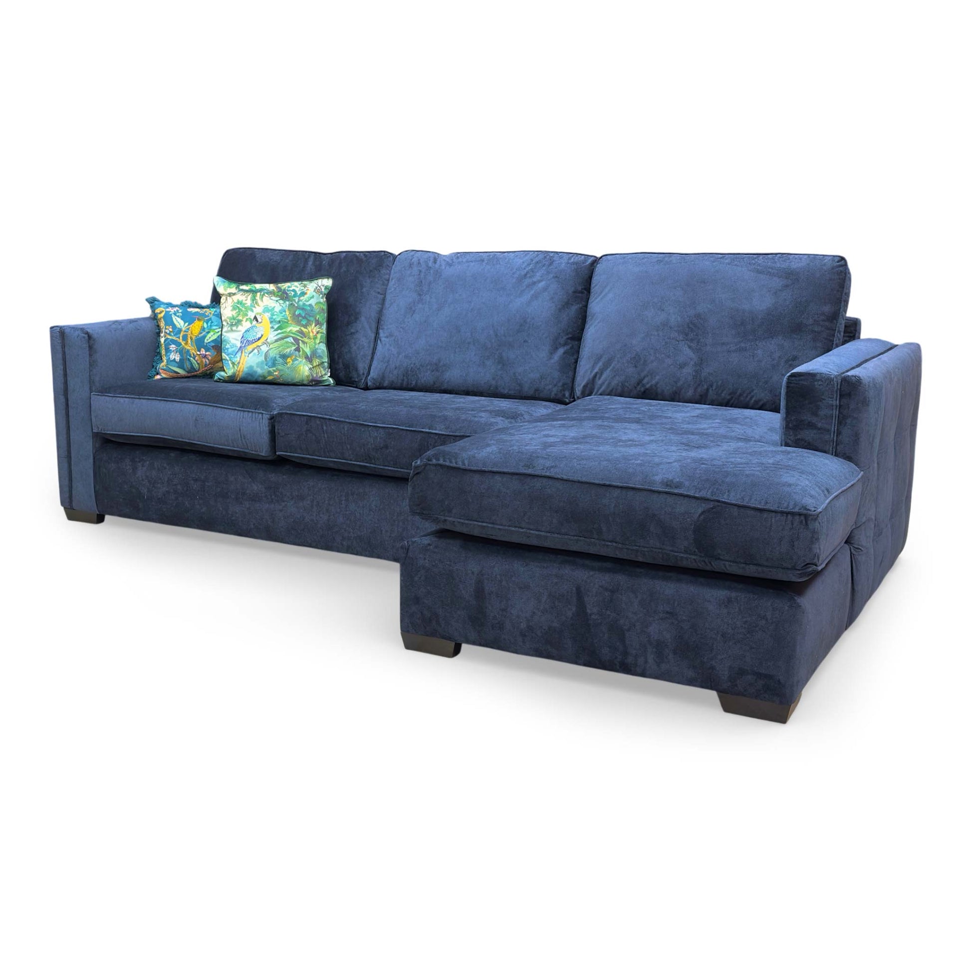 High-angle view of the corner configuration, showing the seamless transition from the main seats to the open chaise end.