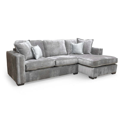 Wide-angle shot of the 'Chelsea' large right-hand facing corner chaise sofa in grey Derwent soft weave fabric.