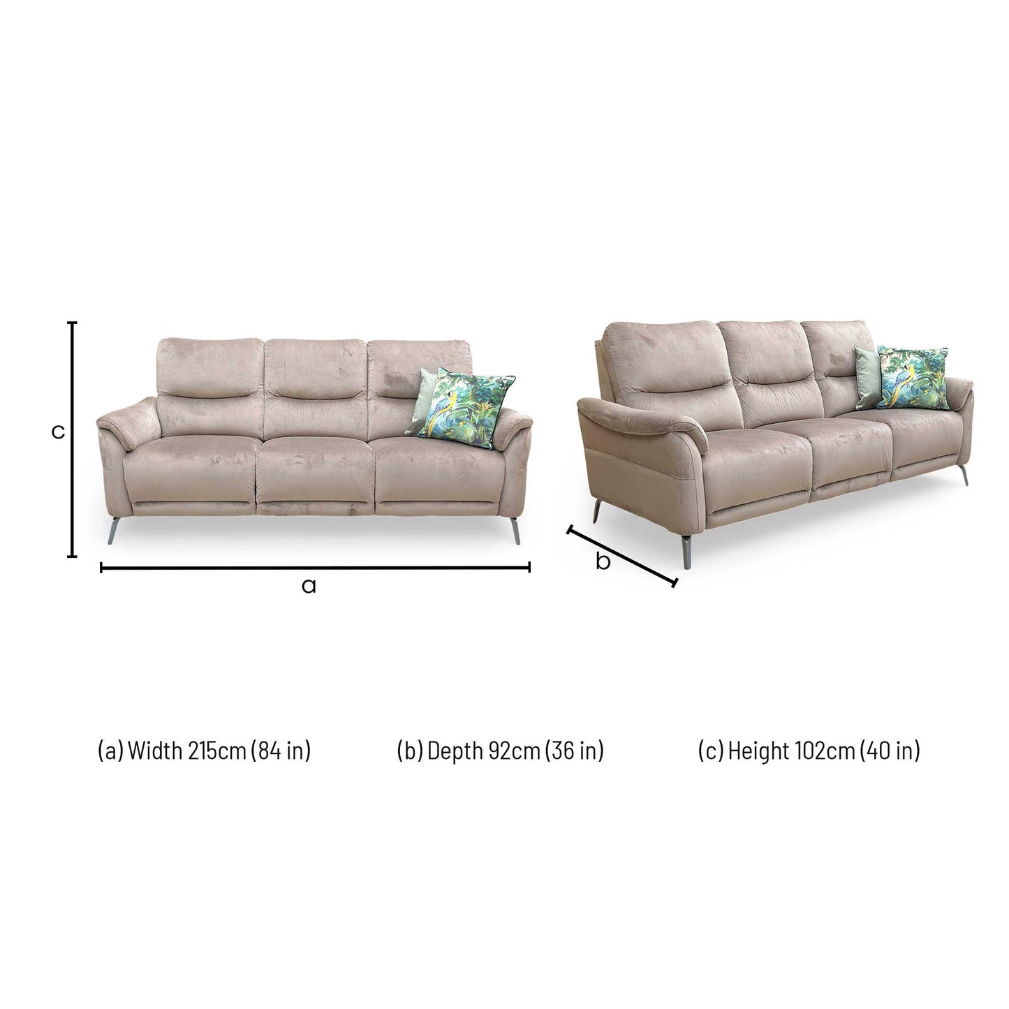 Dimensions for the ‘Daytona’ Opulence Cedar 51014 Velvet 3 Seater Sofa.