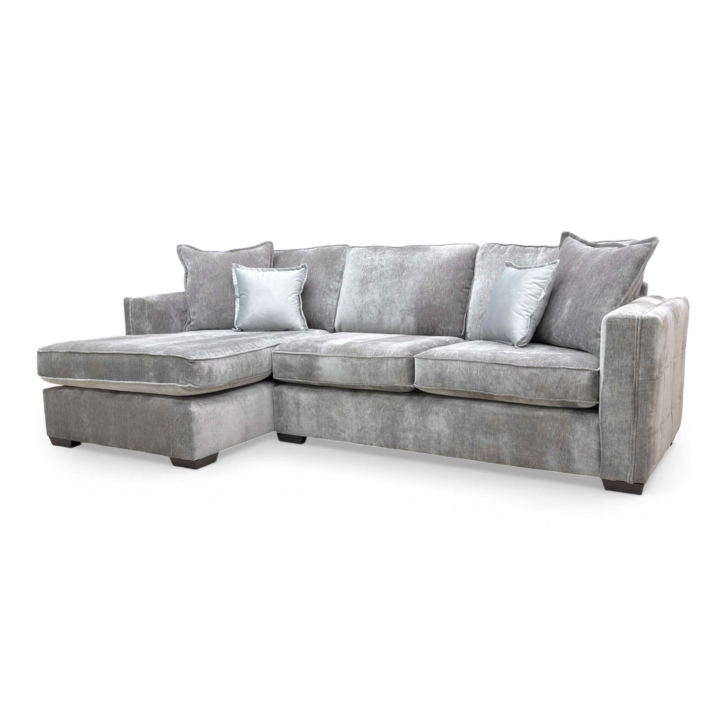 Wide-angle front view of the 'Chelsea' large left-hand facing corner chaise sofa in grey Derwent soft weave fabric.