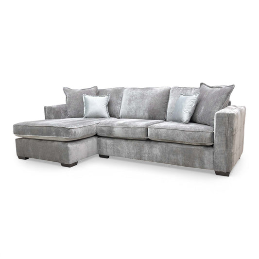 Wide-angle front view of the 'Chelsea' large left-hand facing corner chaise sofa in grey Derwent soft weave fabric.