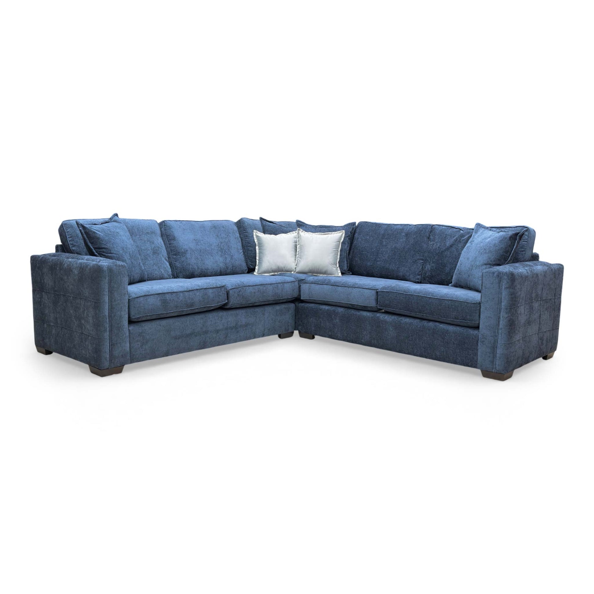 Wide-angle shot of the 'Chelsea' 2-corner-2 sofa in deep navy blue chenille fabric, showing its symmetrical L-shape.