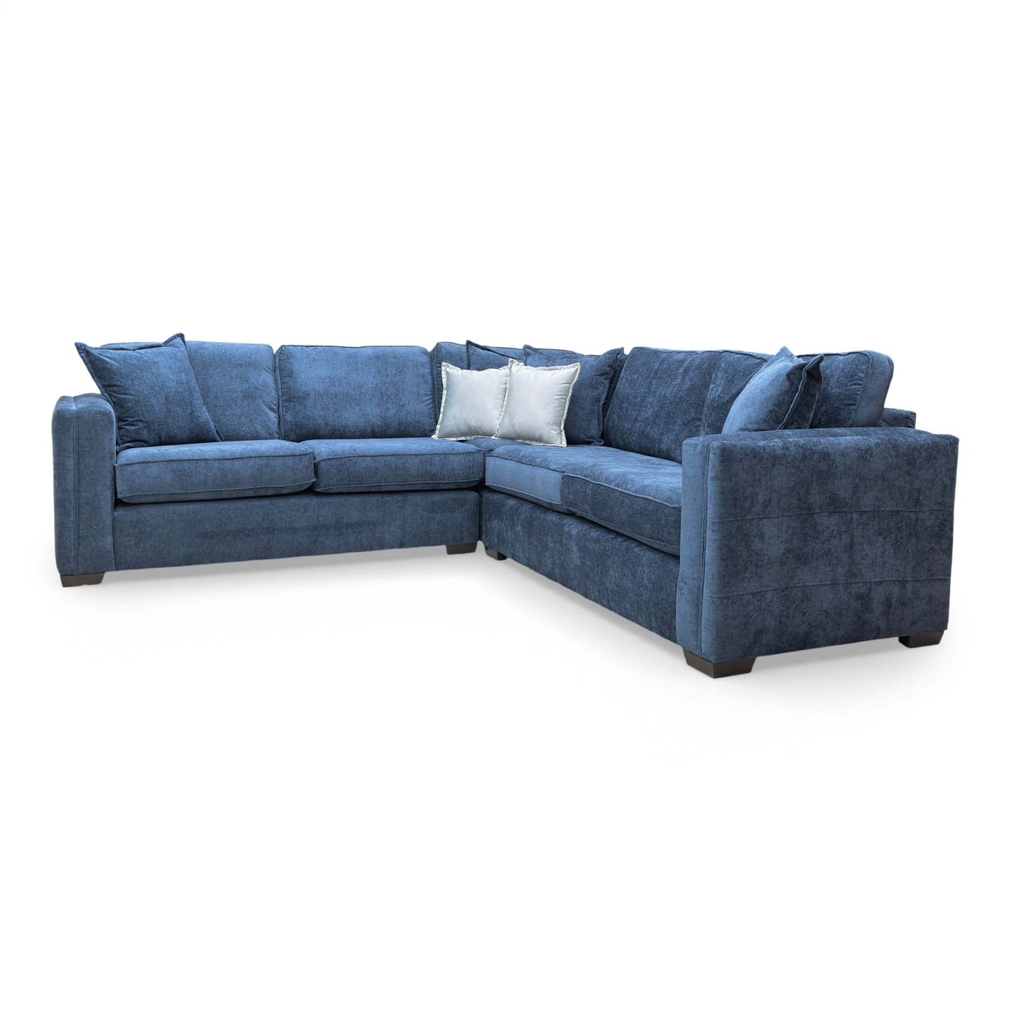 Wide-angle shot of the 'Chelsea' 2-corner-2 sofa in deep navy blue chenille fabric, showing its symmetrical L-shape.
