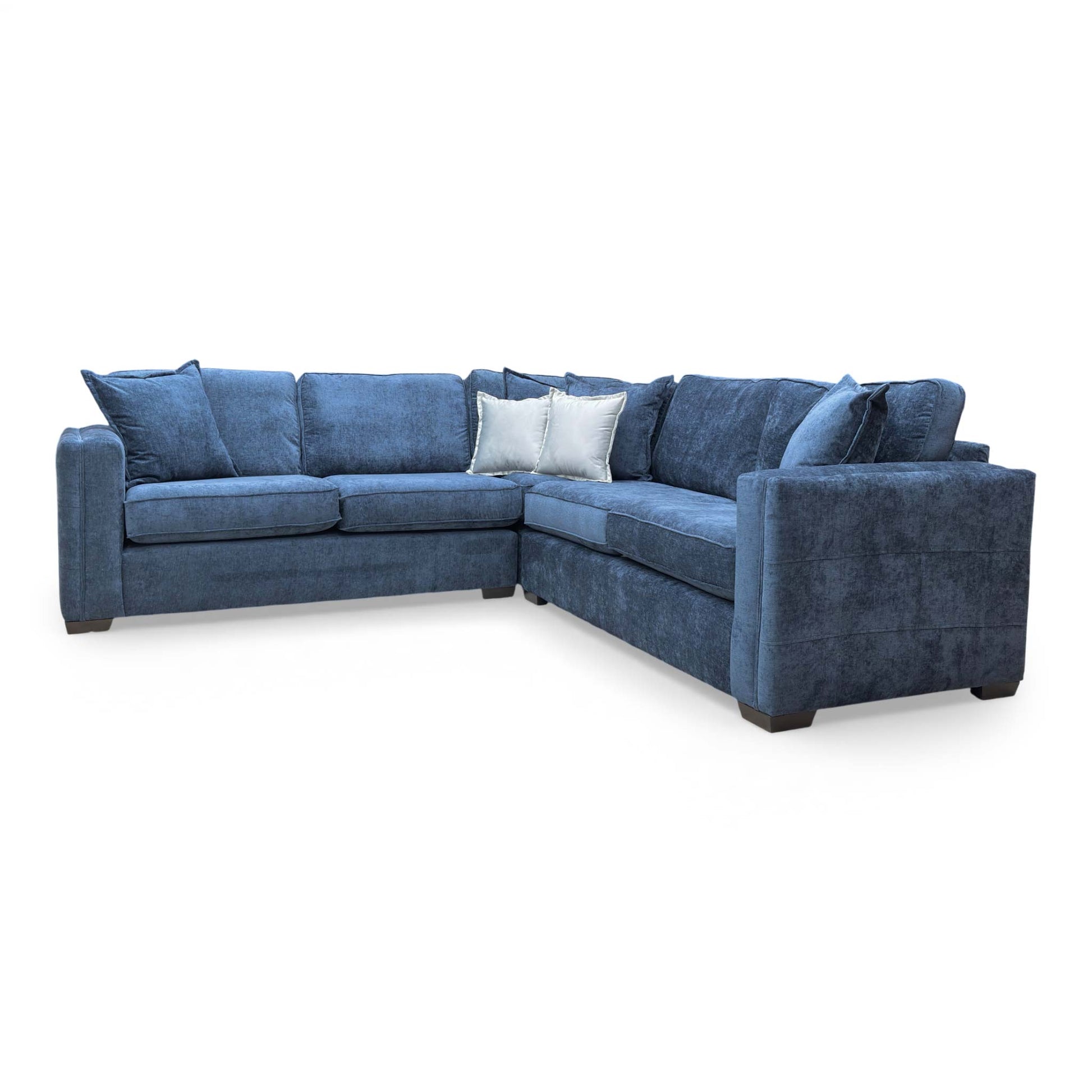 Wide-angle shot of the 'Chelsea' 2-corner-2 sofa in deep navy blue chenille fabric, showing its symmetrical L-shape.