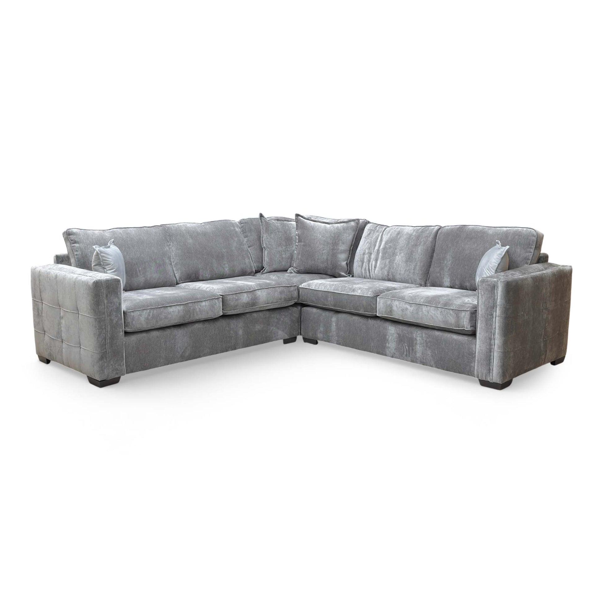 Wide front-view of the symmetrical 'Chelsea' 2-corner-2 sofa in grey Derwent soft weave fabric.