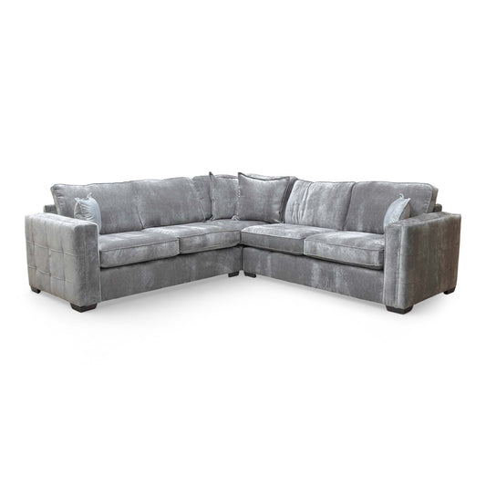 Wide front-view of the symmetrical 'Chelsea' 2-corner-2 sofa in grey Derwent soft weave fabric.