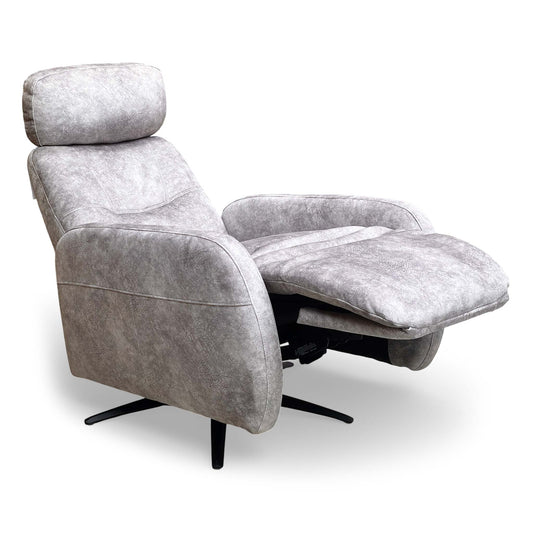 Front-facing view of the Tokyo Dapple Grey Velvet Recliner Chair in its upright position.