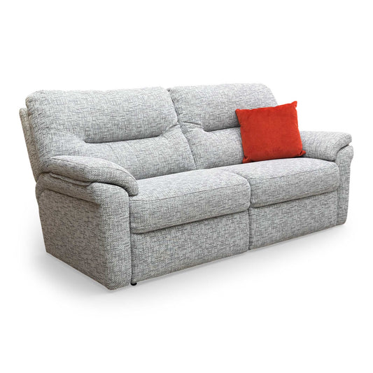 Full view of the 'Downtown' 3+2 sofa set in grey basketweave chenille linen, showcasing the modern matching pair.