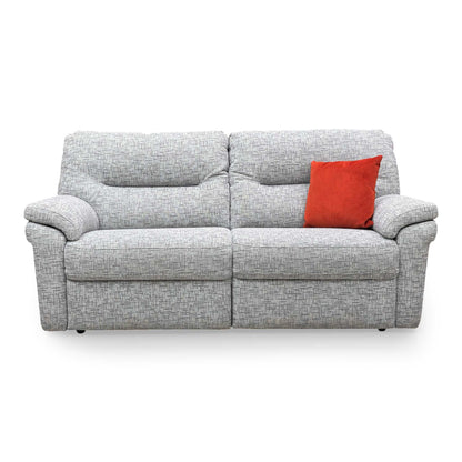 Full front view of the 'Downtown' 3+2 sofa set in grey basketweave chenille linen, showcasing the modern matching pair.
