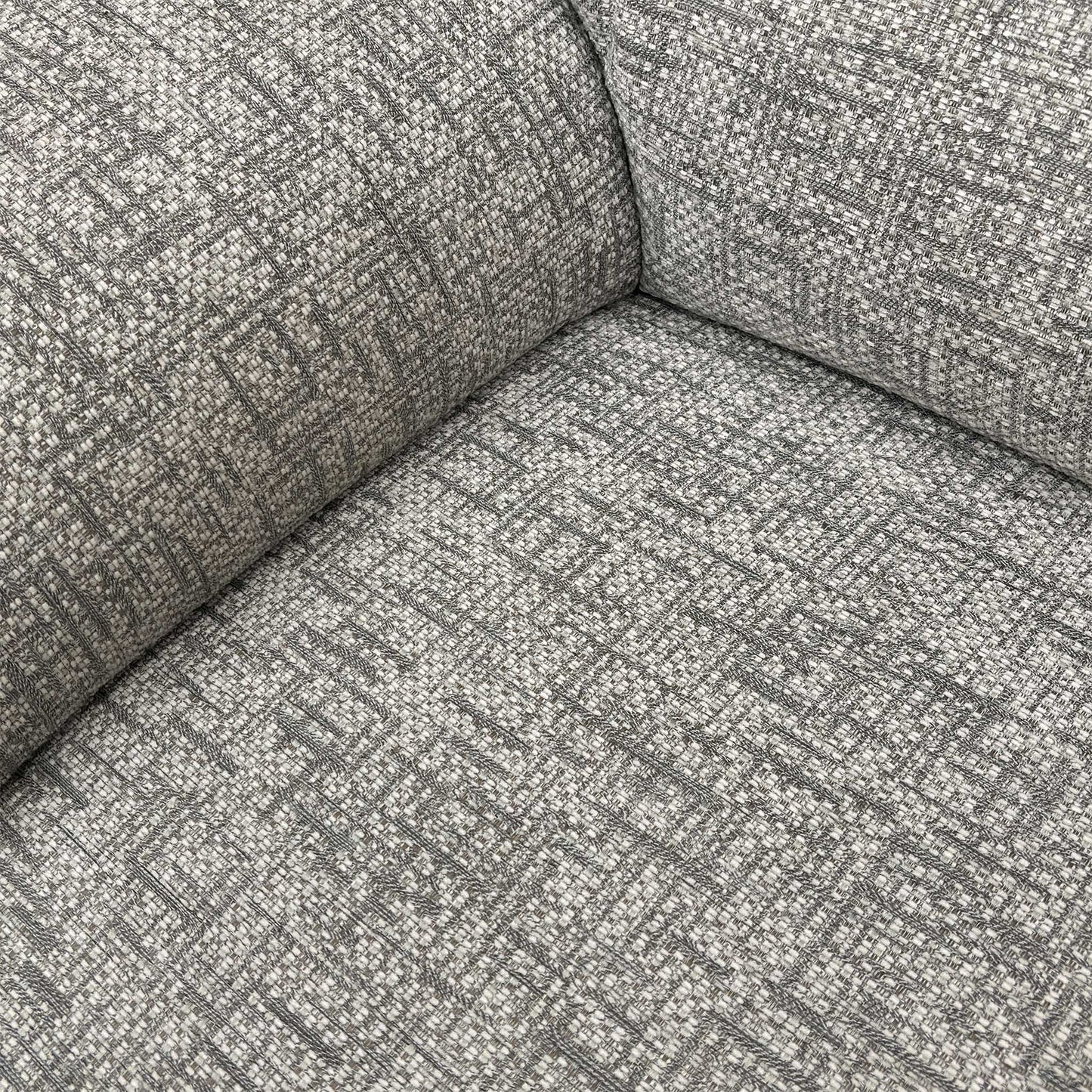 Close-up of the basketweave chenille fabric, highlighting the textured linen weave and neutral color tones.