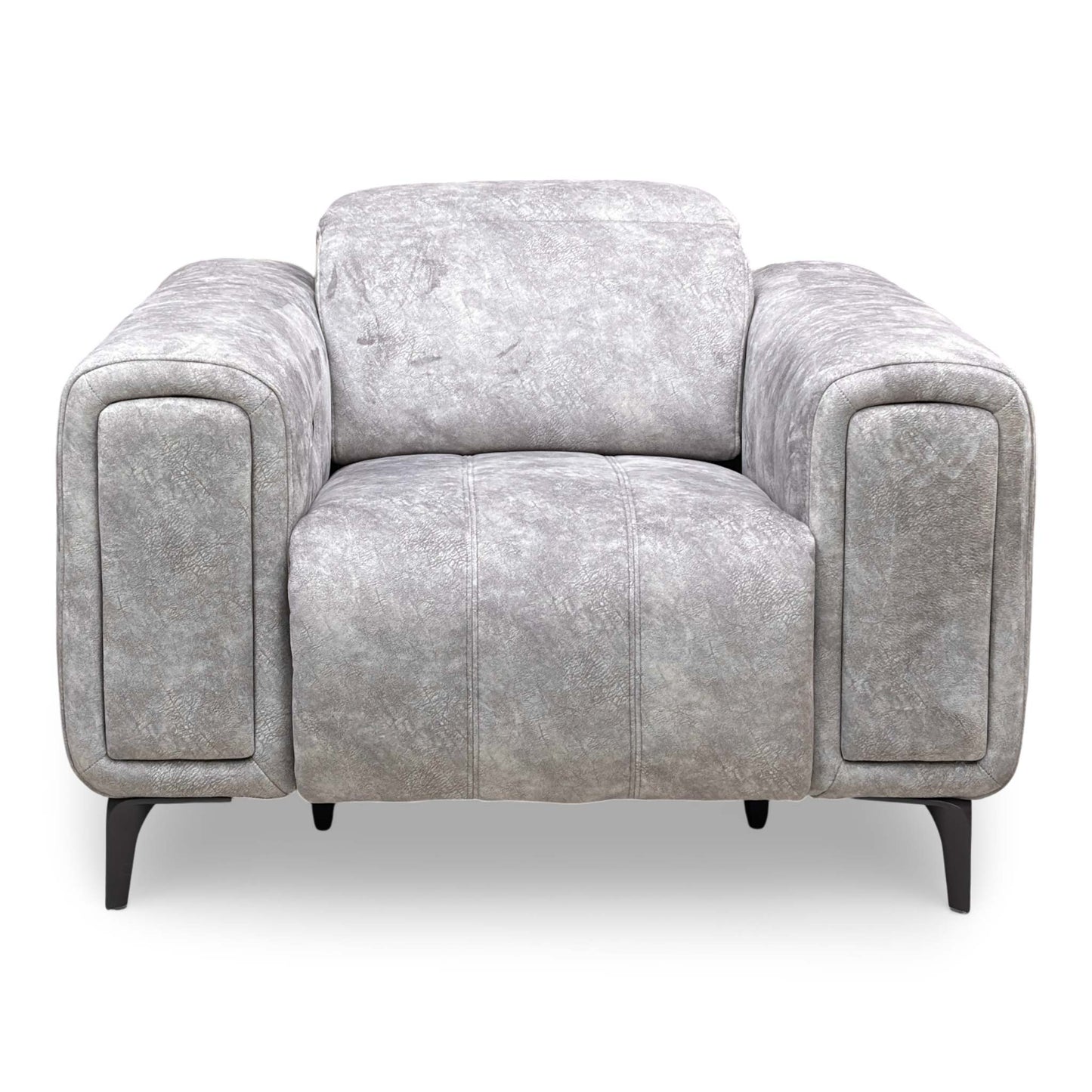 Front-facing view of the 'Elphaba' power recliner chair in marble stone velvet, showcasing its wide profile and Art Deco lines.