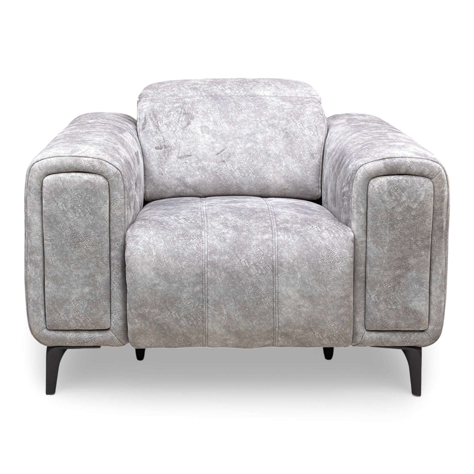 Front-facing view of the 'Elphaba' power recliner chair in marble stone velvet, showcasing its wide profile and Art Deco lines.