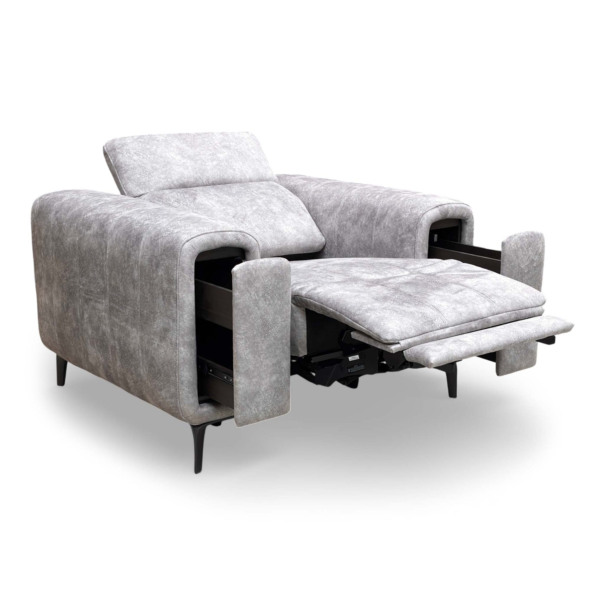 Front-facing view of the 'Elphaba' power recliner chair in marble stone velvet, showcasing its wide profile and Art Deco lines.