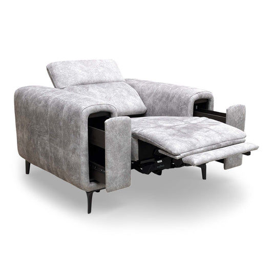 Front-facing view of the 'Elphaba' power recliner chair in marble stone velvet, showcasing its wide profile and Art Deco lines.