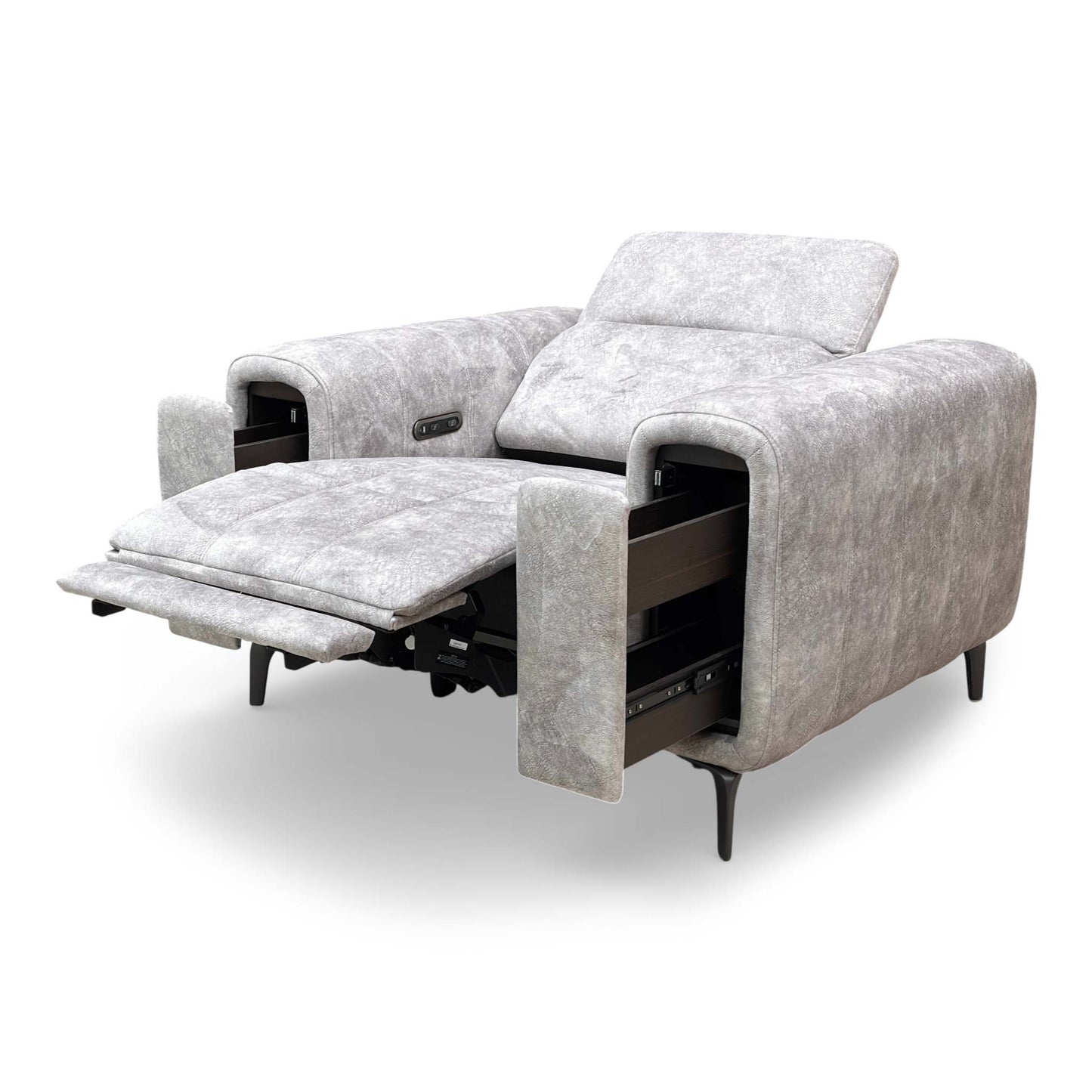 Side view showing the chair in a partially reclined position with the power footrest extended.