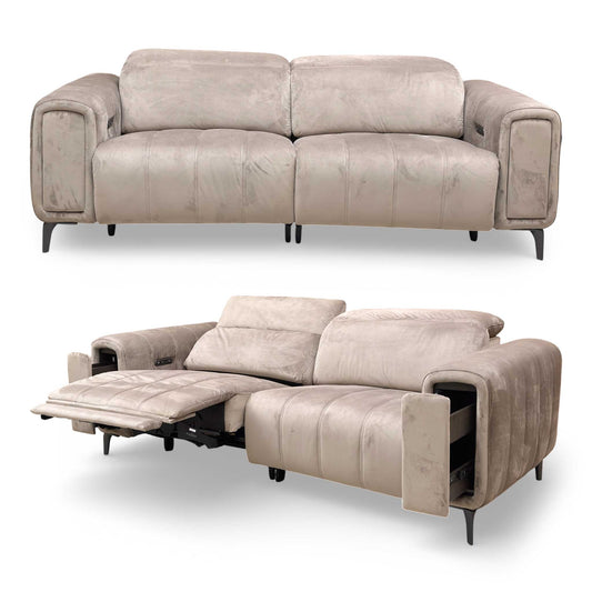 Full front view of the 'Elphaba' 3-seater power recliner sofa in Opulence Cedar green velvet.