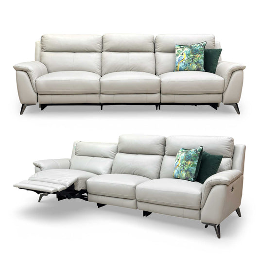 Full view of the 'Contempo' 4-seater silver grey leather sofa, showing its modern silhouette.
