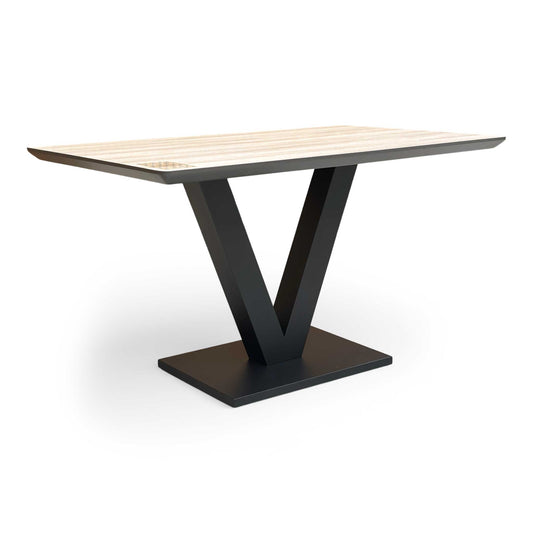 Front view of the Ruben Compact Dining Table, showcasing the oak veneer top and black V-shaped metal base.