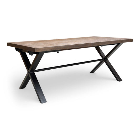 Full view of the Mars Dark Oak Dining Table, showing the raw edge top and industrial metal legs.