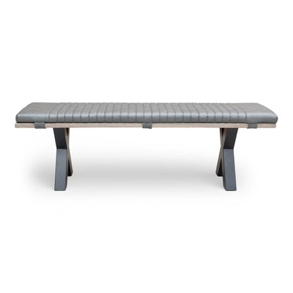View of the black metal legs from a low angle, emphasizing the industrial design and stability.