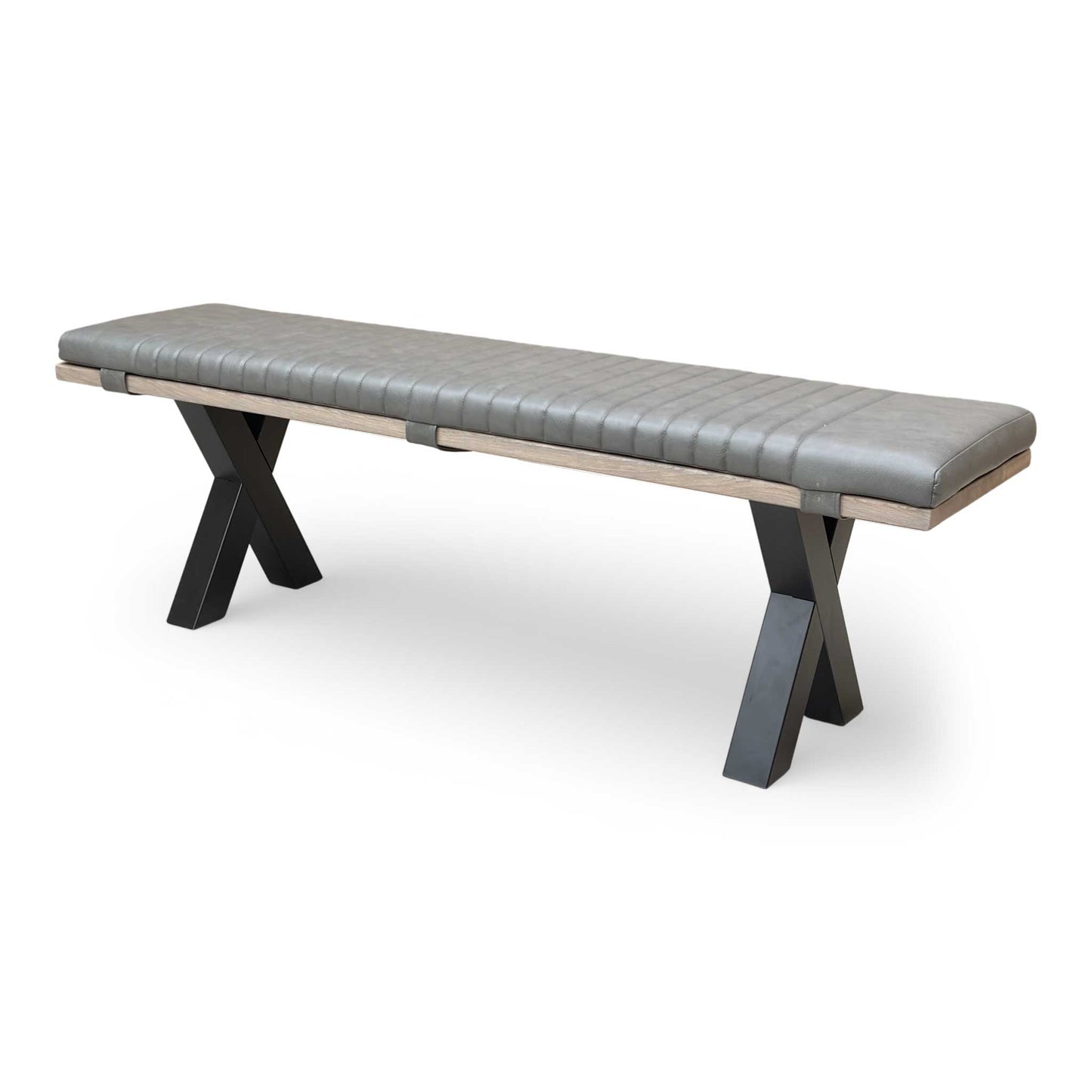 Side view of the bench, highlighting the black metal X-shaped legs and the thickness of the oak top.