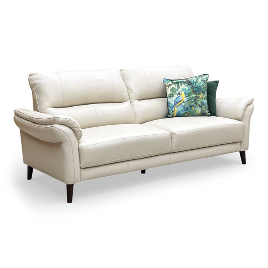 Full view of the Furniture Village Winner 3-seater sofa in bone china leather with rolled arms.