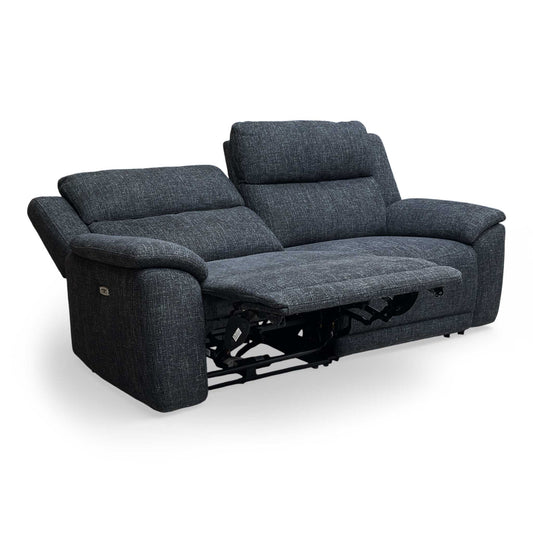Full Front view of the Furniture Village Utah 3-seater power recliner sofa in black suede-effect fabric.