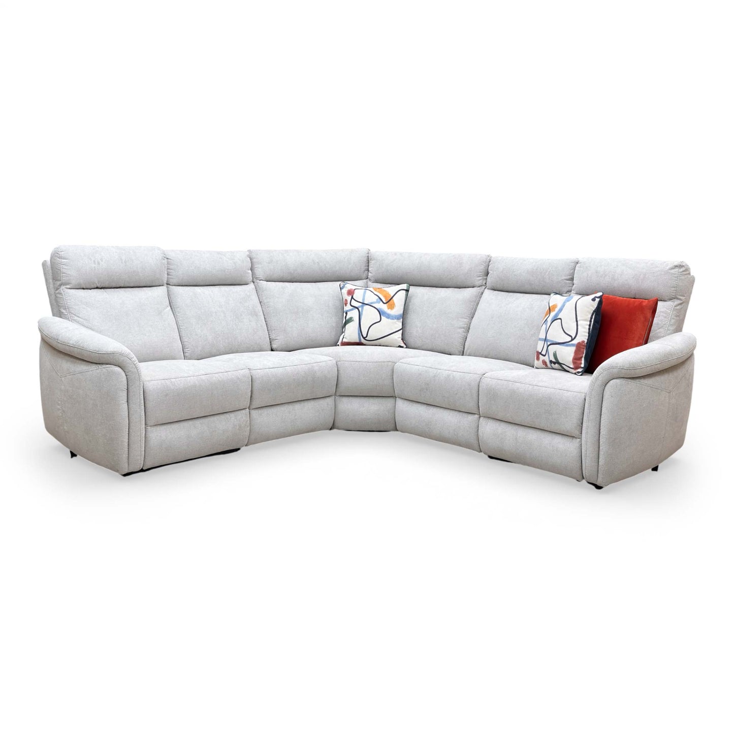 Full frontal view of the Dublin large light grey fabric power recliner corner sofa in a spacious layout.
