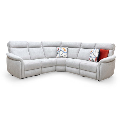 Full frontal view of the Dublin large light grey fabric power recliner corner sofa in a spacious layout.
