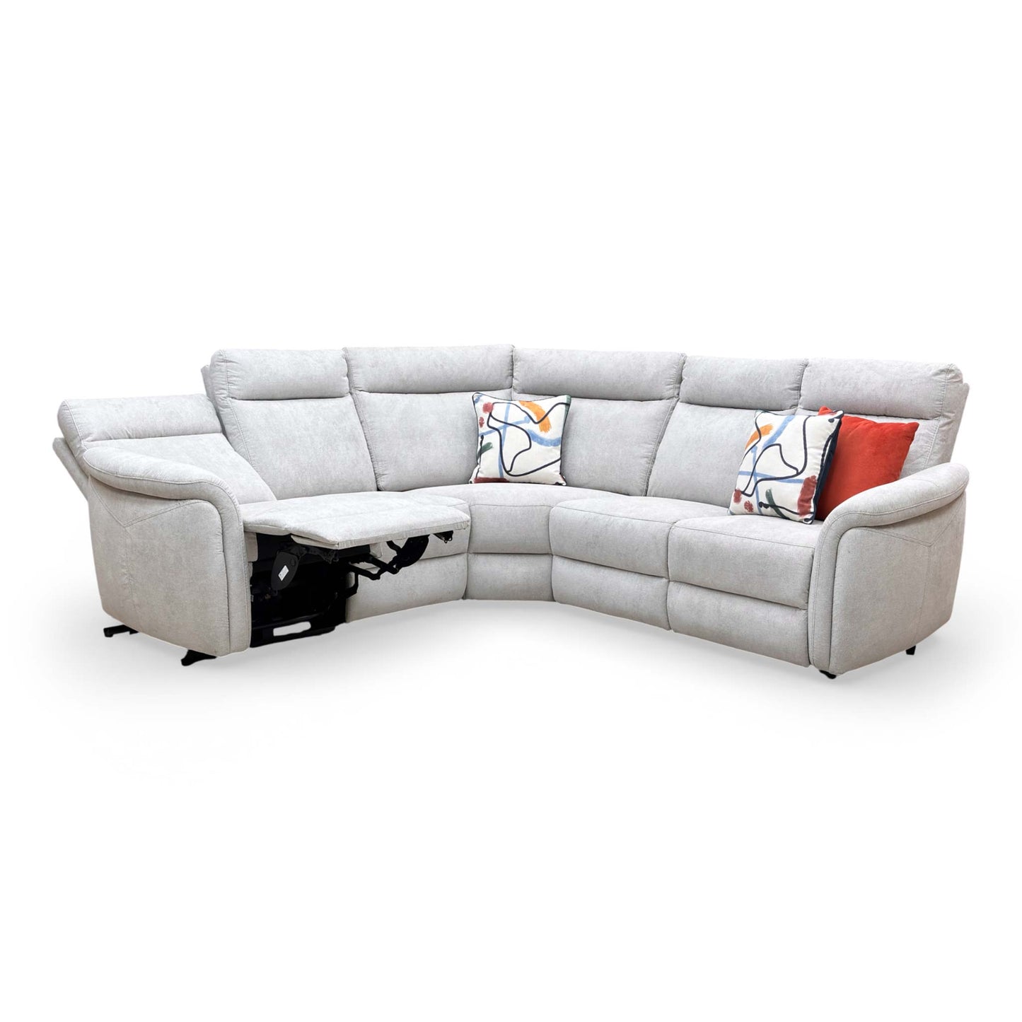 Full frontal view of the Dublin large light grey fabric power recliner corner sofa in a spacious layout.