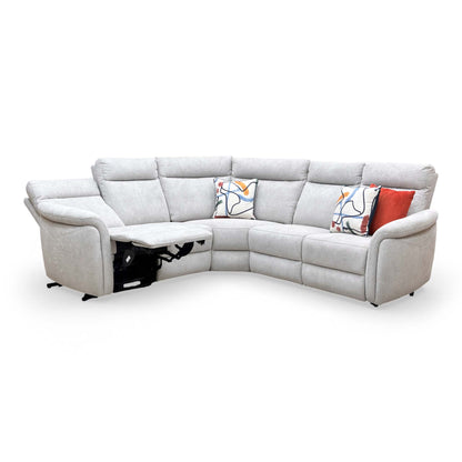 Full frontal view of the Dublin large light grey fabric power recliner corner sofa in a spacious layout.
