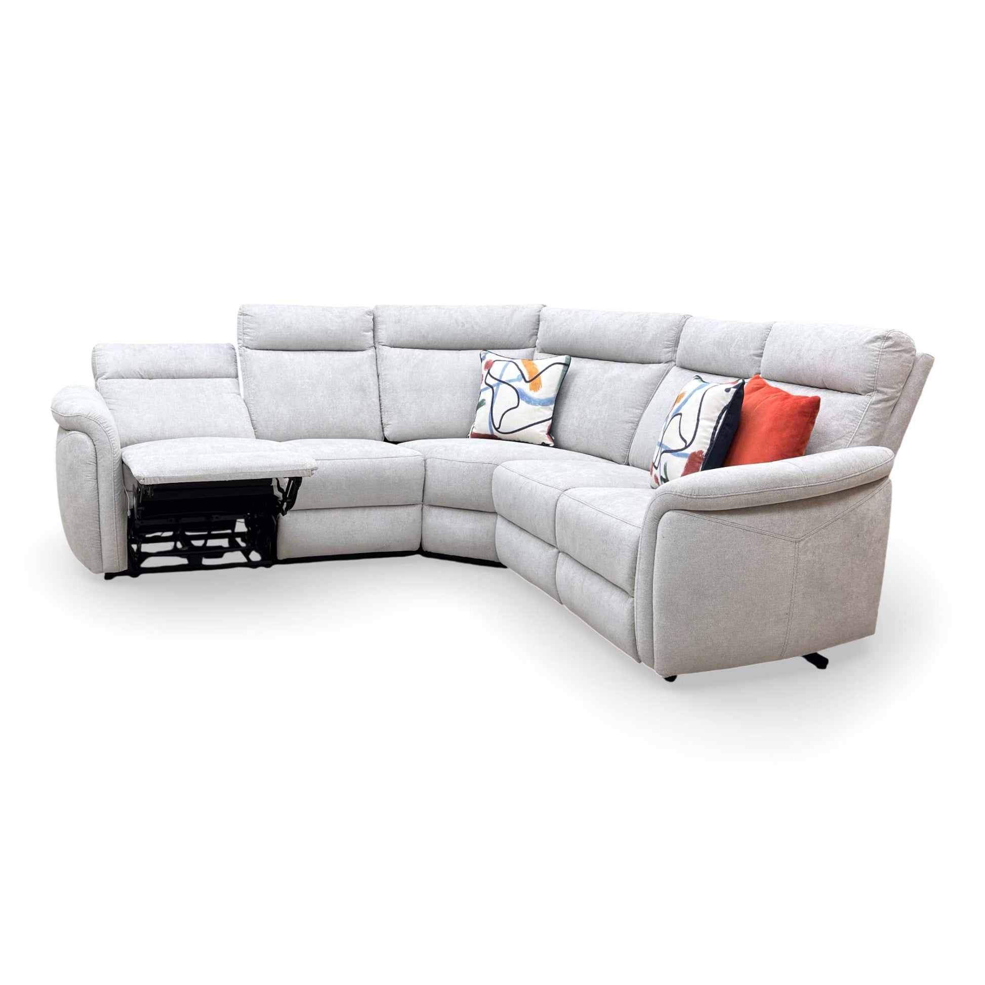 View of the sofa with one section fully reclined and the power headrest adjusted for maximum comfort.