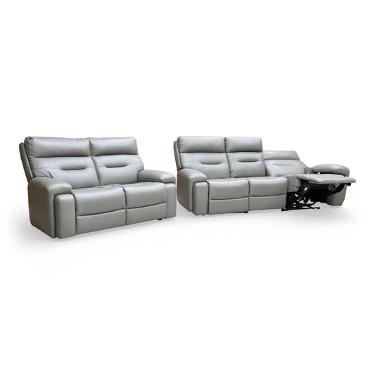 Full view of the Cinemax sofa set in Natural Ash leather, featuring the 3-seater power recliner and matching 2-seater.