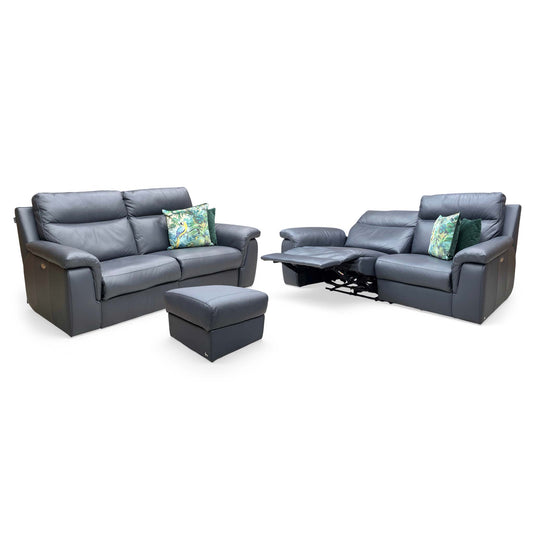 Nicoletti 'Paolo' Torello 81 Blue Leather 3 + 3 Seater Power Recliner Sofa with Footstool