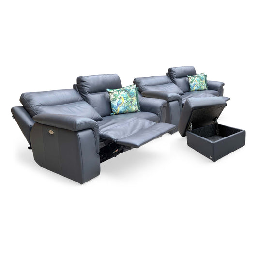 Nicoletti 'Paolo' Torello 81 Blue Leather 3 + 3 Seater Power Recliner Sofa with Footstool