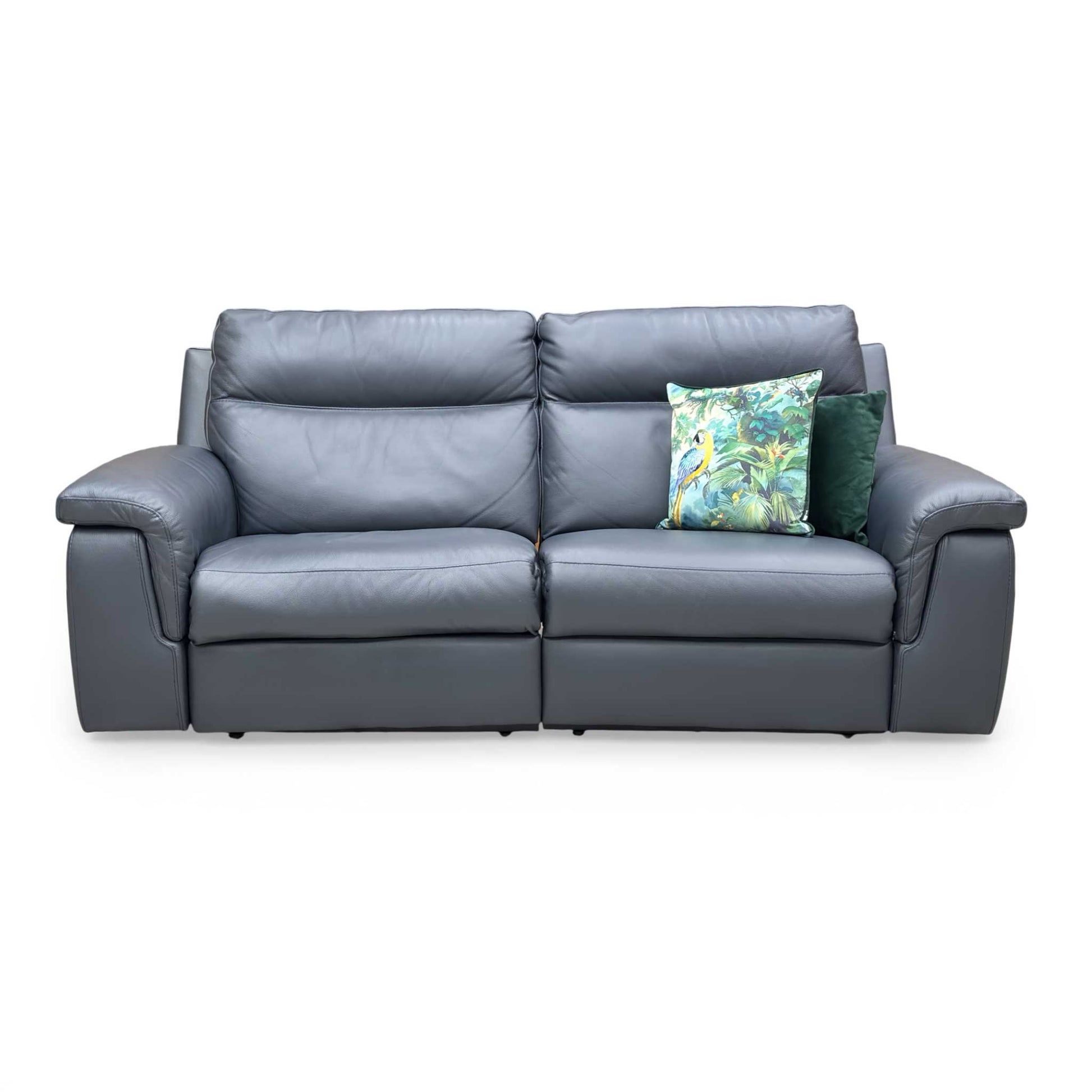 Detail of the power reclining buttons integrated into the side of the sofa for easy reach.